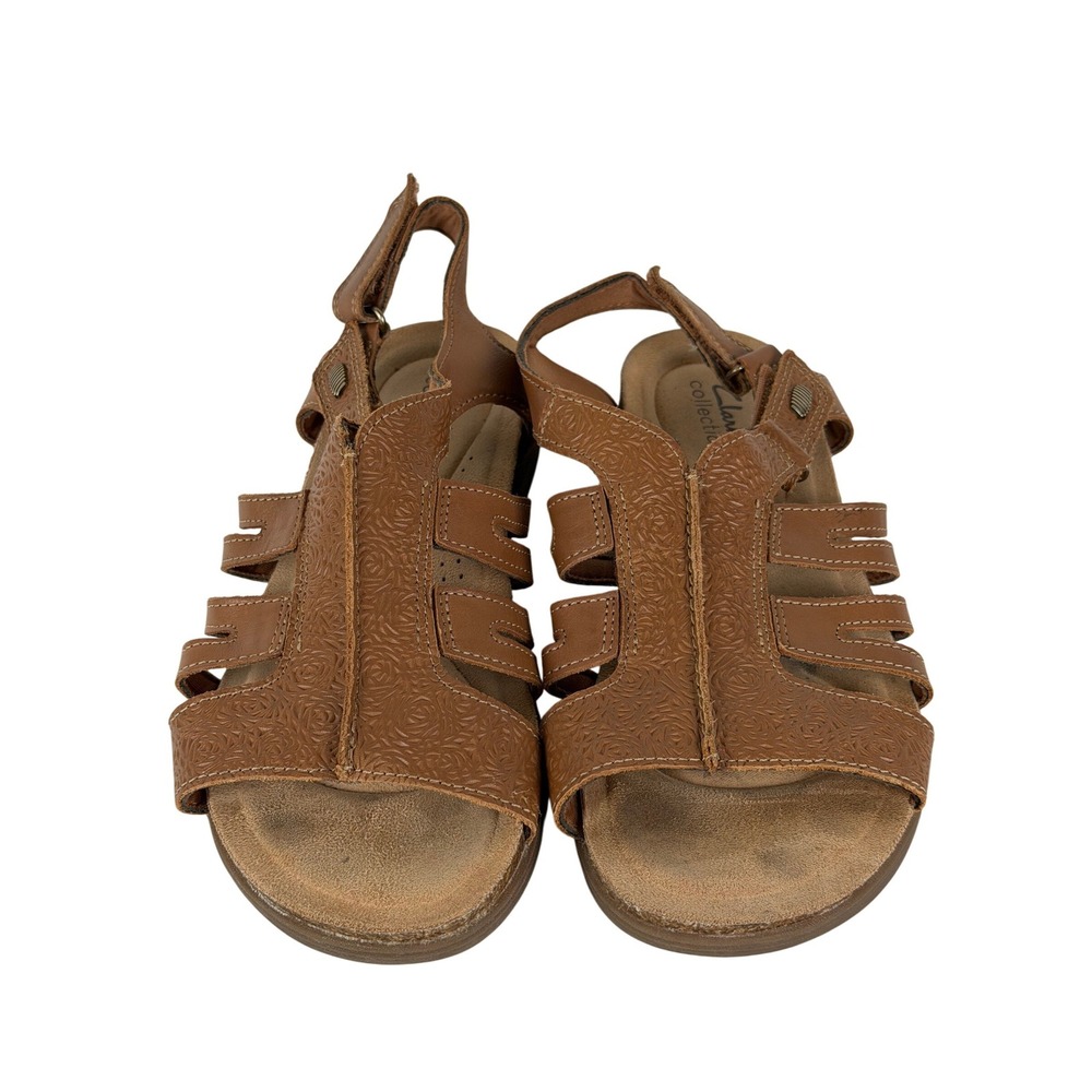 Clarks April Belle Sandals‎ 9.5 Tan Leather Floral Embossed Strappy Slingback